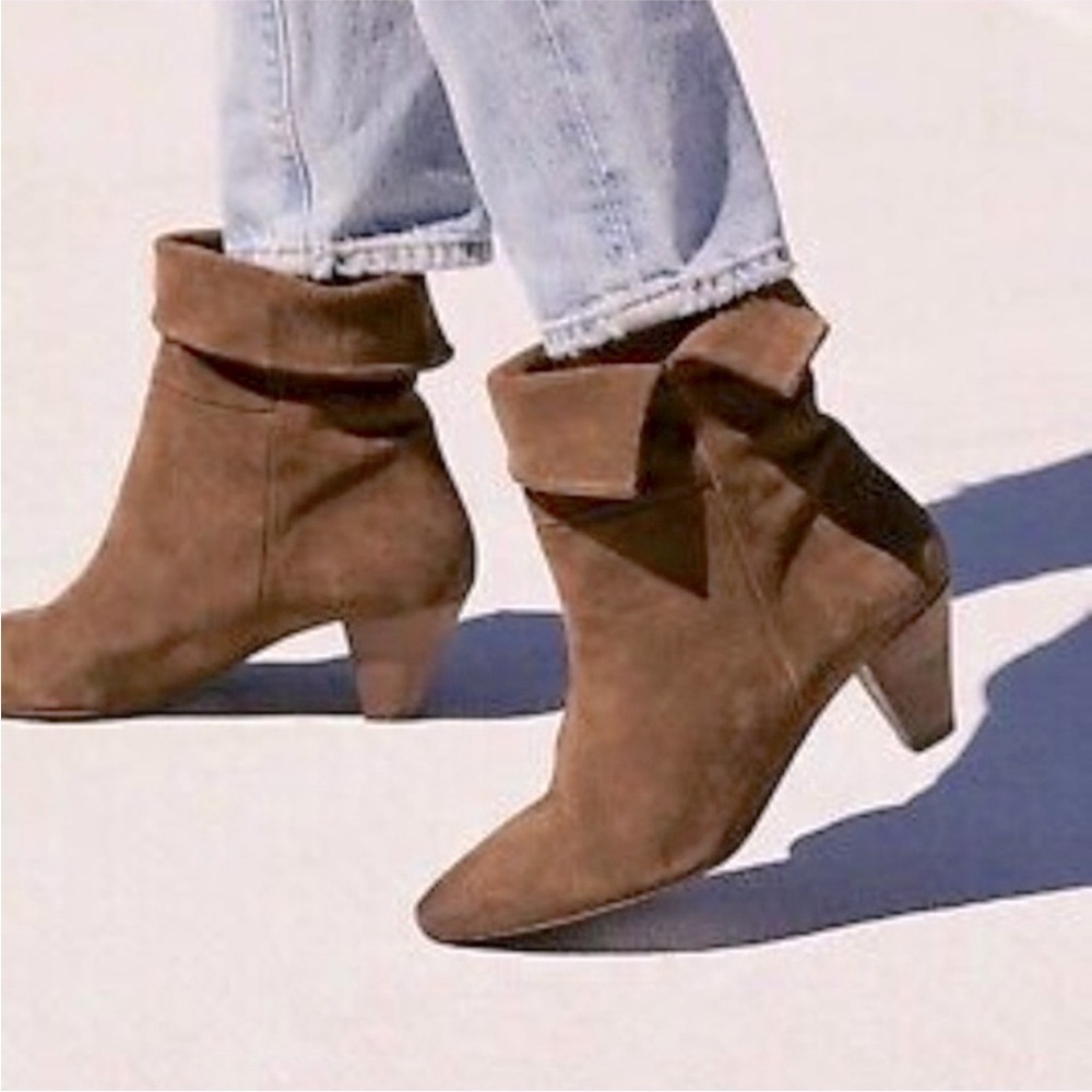 Free People Adella Heeled Boot In Musk Green Color Suede Fold Over Top SZ 8.5
